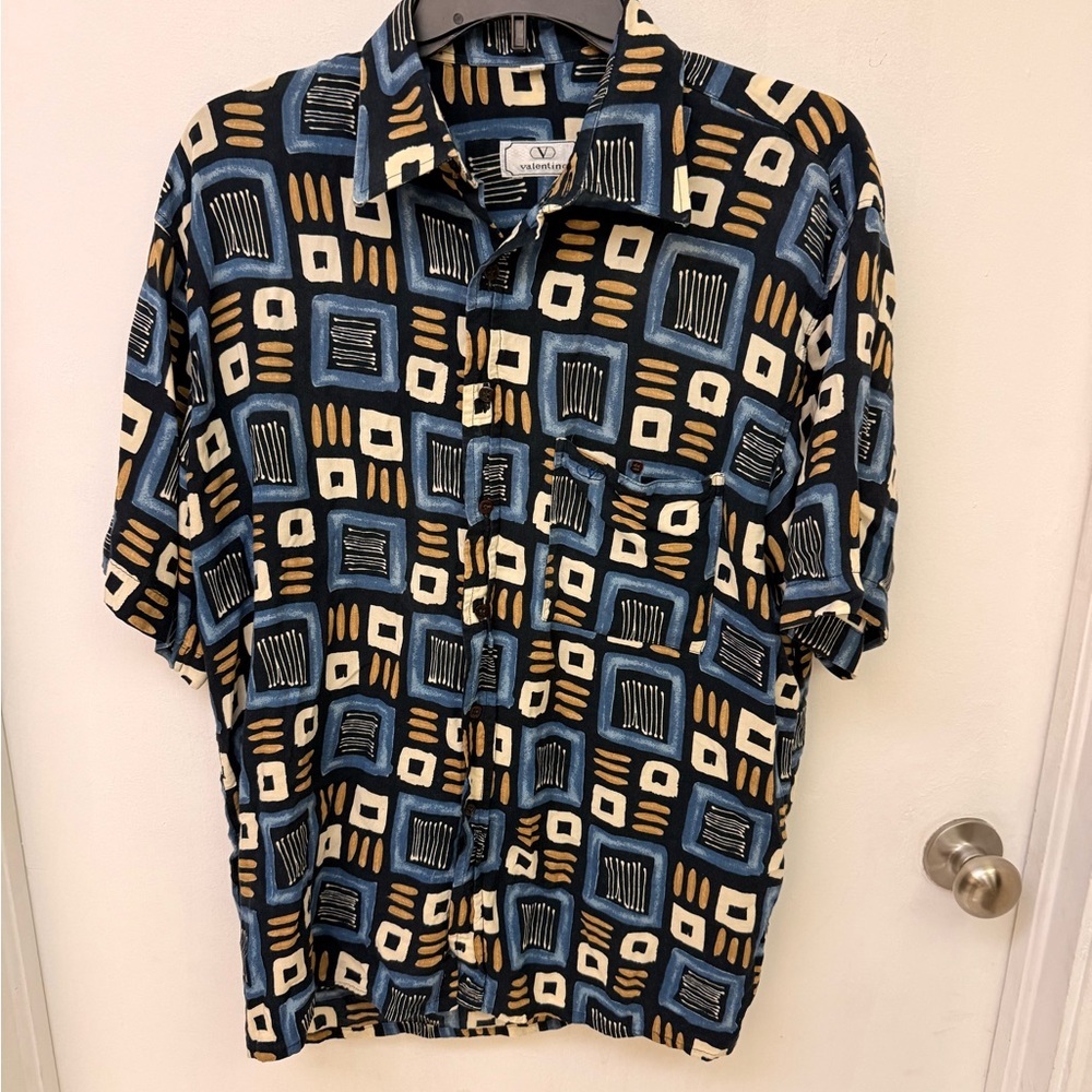 Valentino Vibrant Geometric Short-Sleeve Shirt - Blue & Cream